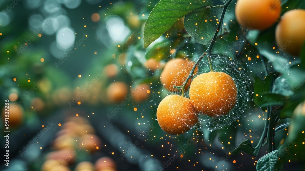 Poster a close-up of oranges on trees, with a spider web and sparkling particles in a lush environment.
