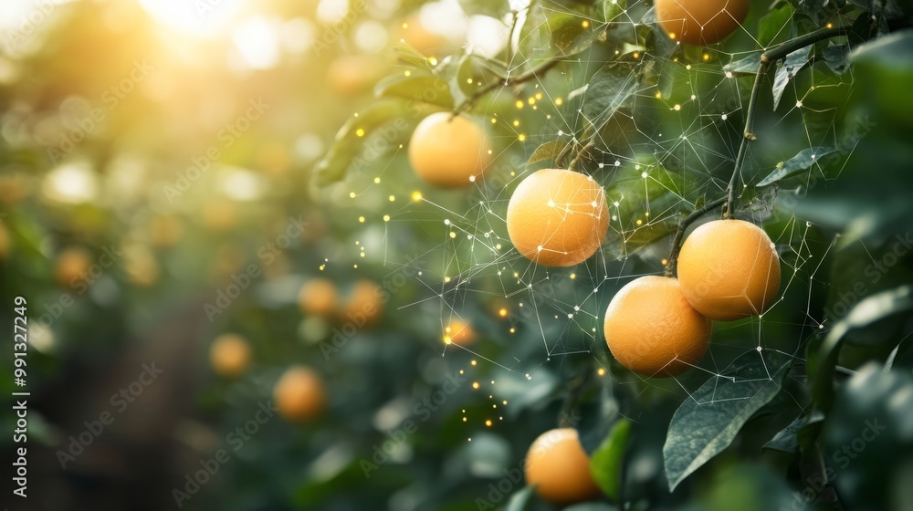 Poster a close-up of oranges on a tree, enhanced with digital effects for a modern touch.