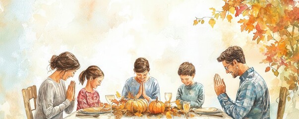 A serene watercolor of a family giving thanks around a table, heads bowed in prayer, soft fall colors reflecting gratitude and warmth, Ultra HD, copy space for text