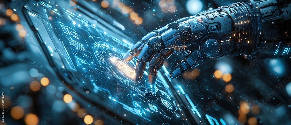 Poster a futuristic robotic hand interacting with a digital interface, showcasing advanced technology and t