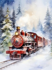 A vintage locomotive traveling through a snowy winter forest landscape.