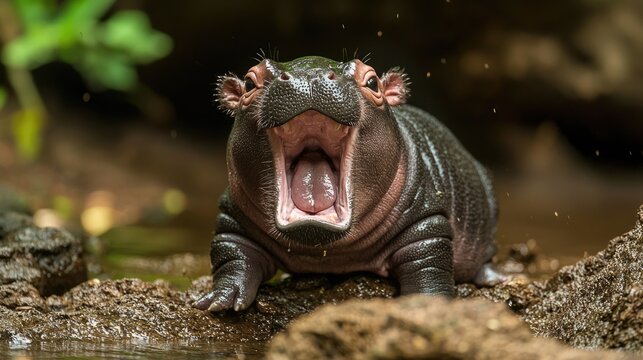 Baby pygmy hippopotamus yawning widely while resting on a rocky riverbank