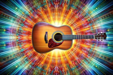 performance, playing, inspiration, melody, A symmetrical image of a guitar bursting with creative and artistic musical energy capturing the vibrant essence of musicianship and inspiration