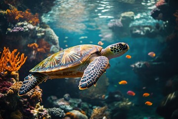 Obraz premium A sea turtle swimming gracefully through a vibrant coral reef, surrounded by colorful fish and illuminated by soft underwater light