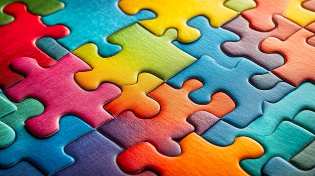 Puzzle pieces labeled with marketing tactics interlocking to create a perfect solution representing a unified business strategy