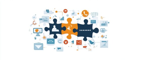 Puzzle pieces representing various marketing channels assembling into a complete framework symbolizing integrated strategy and effective communication