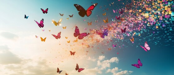 Butterflies symbolizing digital ads flying gracefully across a landscape of data showcasing the beauty and reach of targeted marketing