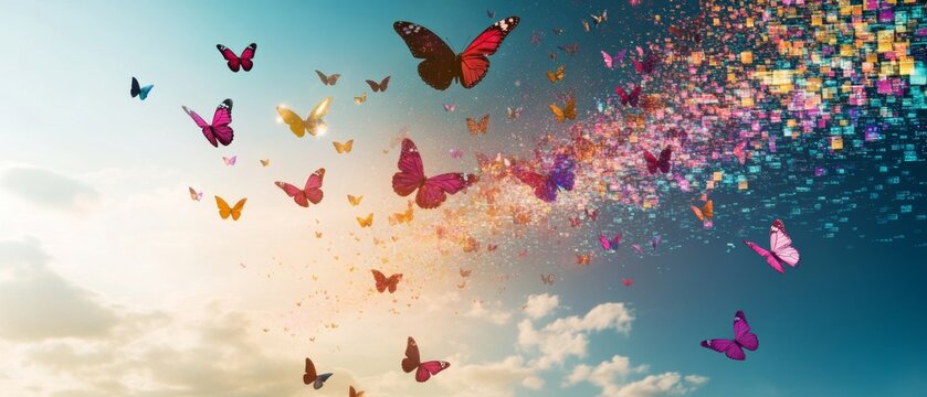 Butterflies symbolizing digital ads flying gracefully across a landscape of data showcasing the beauty and reach of targeted marketing