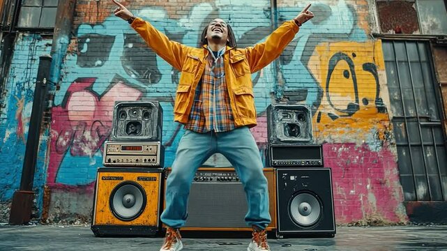 A street performer of hip-hop dances a windmill, with walls covered in graffiti and an 80s boom box serving as the background.