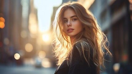 Obraz premium A European woman strolls down a city street during sunset, her hair catching the warm golden light. The urban backdrop highlights her profile, radiating a sense of serenity in the evening glow.