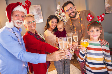 Happy multi-generation family making a toast while celebrating Christmas at home