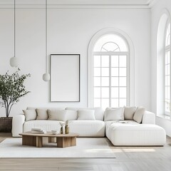 Home mockup, white luxury minimalist white interior Modern living room interior, 3d render