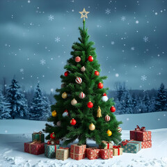 Green Christmas Tree with Handmade Ornaments in a Snowy Winter Wonderland