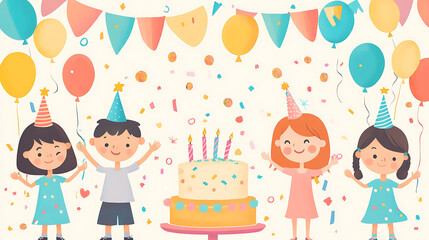 Charming background with kids enjoying a colourful birthday party with balloons, cake, and party hats