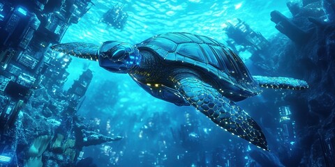 Obraz premium A robotic sea turtle glides through a futuristic underwater city, illuminated by glowing lights and surrounded by advanced technological structures