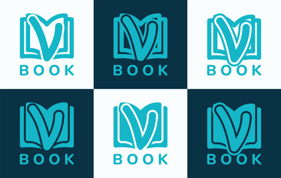 Set of letter V book logo. This logo combines letters and book shapes. Perfect for education, schools, tutoring and the likes.