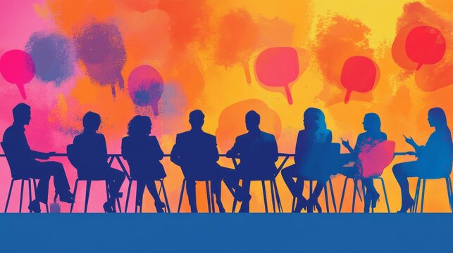A diverse group of silhouettes engaged in discussion against a vibrant, colorful background.