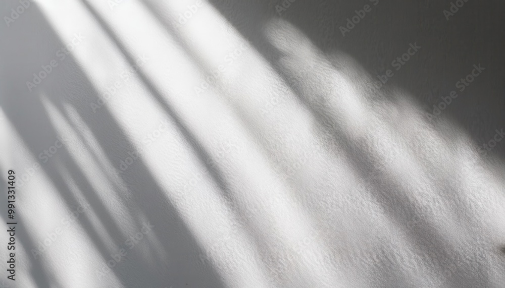 Poster Soft Sunlight Casting Gentle Shadows on Textured White Wall. Minimalist Natural Lighting Effect Creating Calm and Serene Atmosphere with Smooth Transition from Light to Shade. Background For Product 