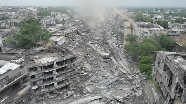 The scene depicts extensive destruction in a city following a powerful earthquake, with collapsed buildings, debris scattered everywhere, and smoke lingering in the air