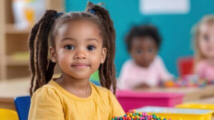 Obraz premium Children learning to count using colorful beads at a math station in daycare early math skills, educational play