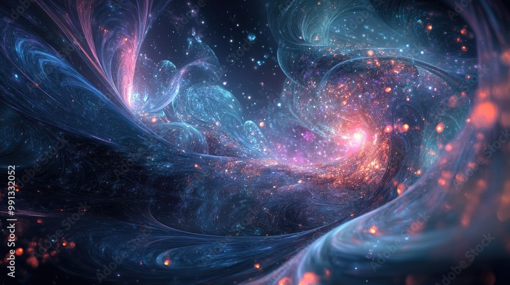 Poster beautiful digital artwork with intricate patterns and a glowing space background, ideal for creating