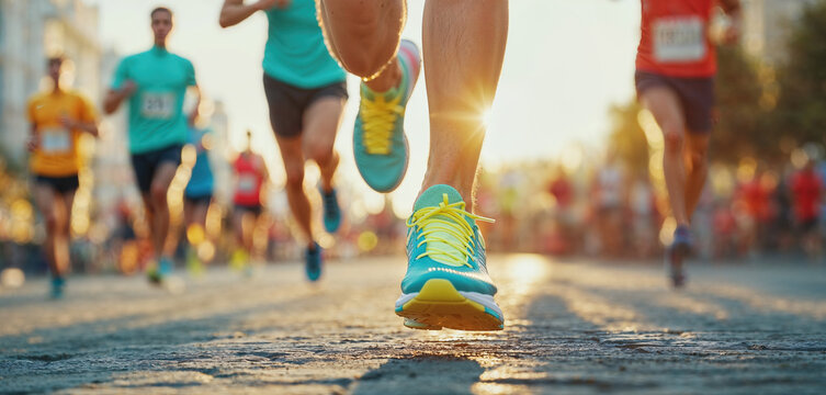 Cinematic, close-up shot of multiple marathon runners running side by side in the same direction, close-up on their shoes and legs, with vibrant colors