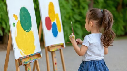 Children painting on easels outside the daycare, expressing creativity through art   outdoor art, creative learning
