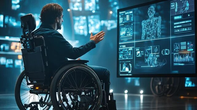 A businessman in a wheelchair utilizing voice commands to control a futuristic smart home interface while using digital technology at night.