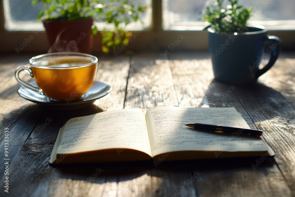 Poster steaming cup of tea sits on a rustic wooden table alongside an open notebook bathed in warm sunlight