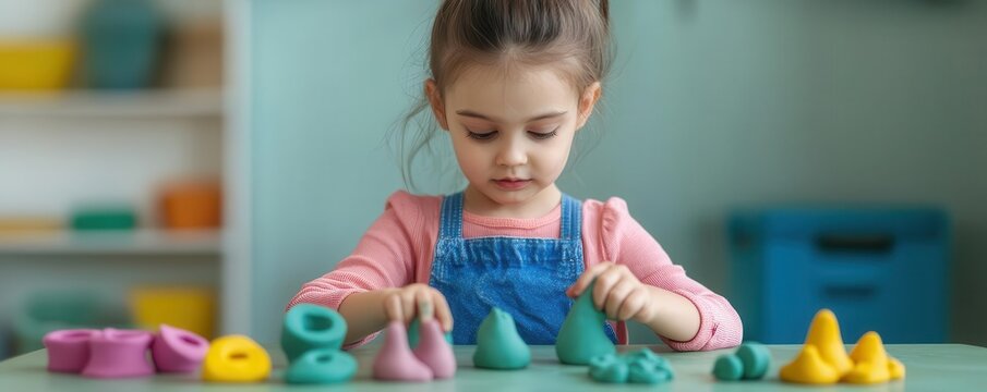 A cute girl playing with modeling clay at a daycare table, creating different shapes and figures   sensory play, creativity