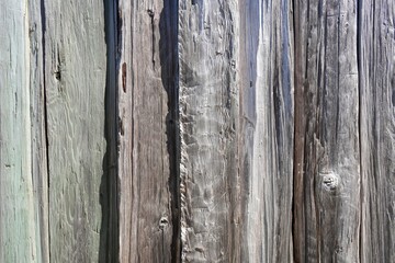 Detail of Vintage faded wooden planking with knots and shadowing.