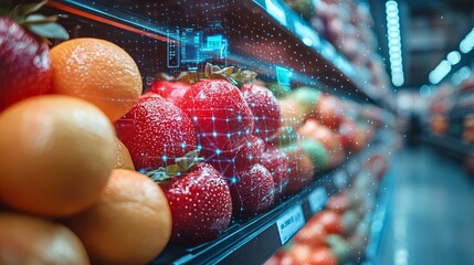 A futuristic grocery store display featuring strawberries and oranges with digital overlays.