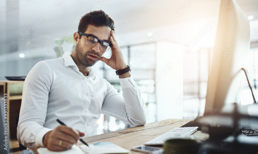 Sticker Bored, businessman and writing with book for report, schedule or business planning at office. Young, tired man or lazy employee taking notes for company reminder, agenda or tasks on desk at workplace