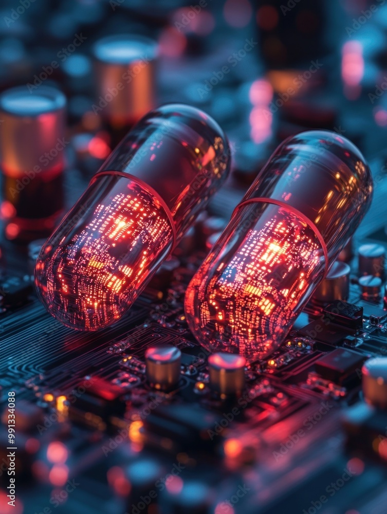 Poster digital pills on circuit board representing technology and biotechnology integration.