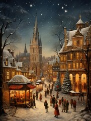 Fototapeta premium A picturesque Christmas village scene with people enjoying a snowy winter evening.
