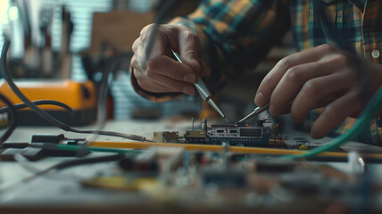 Obraz premium Skilled technician holding precision screwdriver, meticulously repairing small electronic device on clean workbench. Detailed repair process in focus.