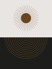 Abstract minimalist art of geometric and symmetrical shapes, retro style. poster and decoration. symbol of the sun, arch, rectangle and lines. terracotta, beige and black colors. neutral colors.