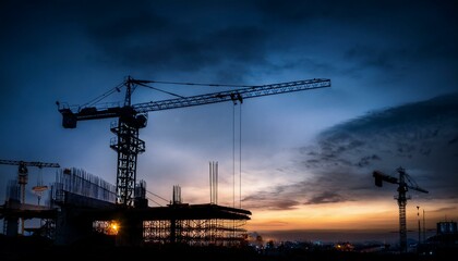 A tower crane silhouette at a construction site in the night time dark photo	
