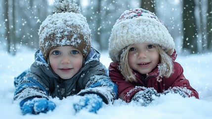 Young children bundled up in cozy winter gear, playfully laying in the snow, looking directly into the camera with snowy trees in the background