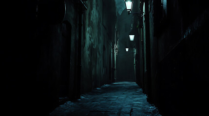 Eerie Dark Alley with Flickering Streetlights