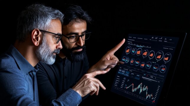 Data Driven Decisions: A dynamic duo of experienced businessmen, one with a distinguished salt and pepper beard, the other with a neatly trimmed beard.