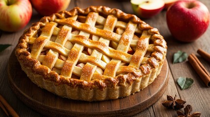 A classic apple pie with a beautifully woven lattice crust, surrounded by apple slices and cinnamon sticks on a wooden surface.
