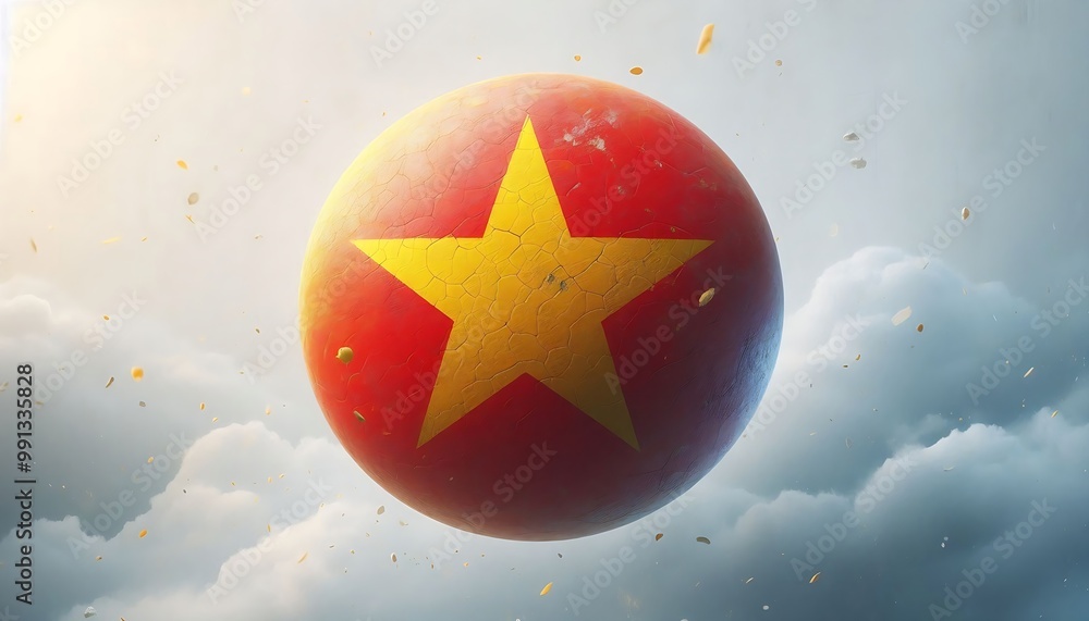 Poster a red and yellow star with the word vietnam on it. the star is surrounded by clouds and he is floati