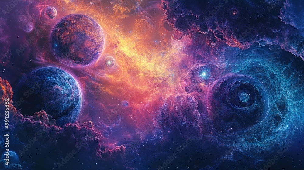 Poster cosmic-inspired digital artwork with glowing elements and intricate patterns, perfect for vibrant an