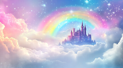 Naklejka premium Whimsical background with a magical castle in the clouds, featuring colourful rainbows, sparkling stars, and dreamy landscapes