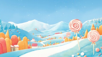 Magical night sky, stars twinkling over a candy wonderland, festive colors, watercolor