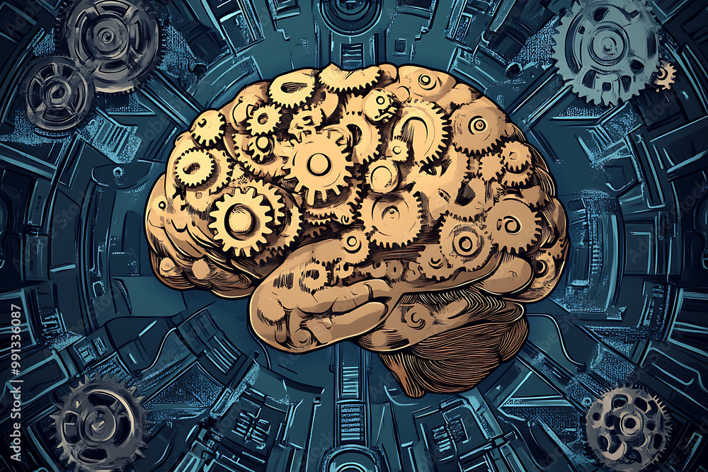 Poster a brain with gears, symbolizing the intersection of cognition and technology.