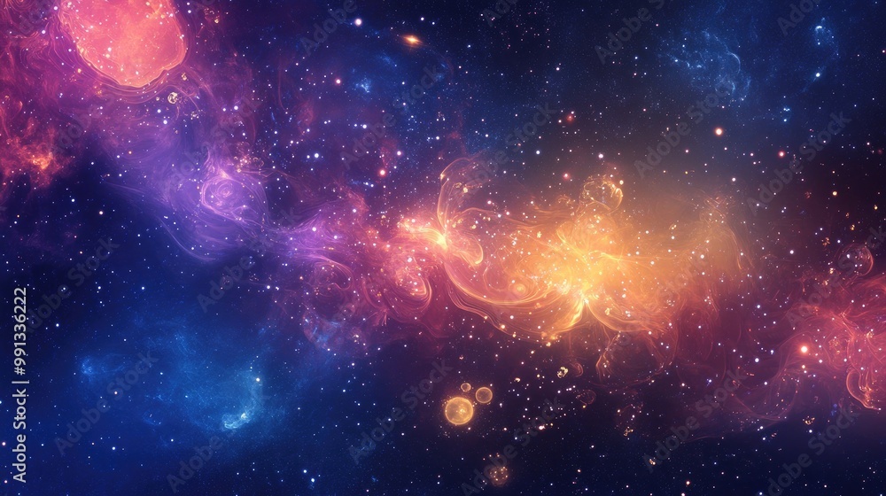 Poster glowing cosmic background paired with intricate digital patterns, creating a stunning and vibrant wa