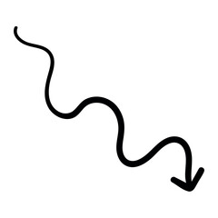 Single hand draw black and white spiral down arrow in doodle style isolated on white background. Vector flat illustration sketch design element.Icon in wave shape.