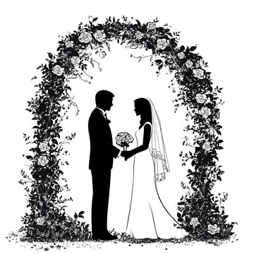 recommend clip art: Silhouette of a bride and groom under an arch with roses, a black monochrome silhouette on a white background.